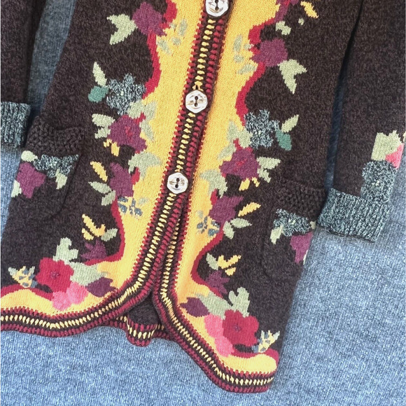 Sparrow Cardigan Womens Small Yellow Brown Lambswool Floral Longline Boho Floral - Picture 2 of 9